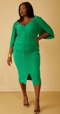 Plus Size 30/32 - 5X | Caped Split Sleeved V-neck Ruched Bodycon Dress